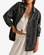 Chouyatou Women's Vintage Oversized Denim Jacket Embroidered Graphic Casual Loose Fit Button Down Jean Jacket