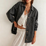 Chouyatou Women's Vintage Oversized Denim Jacket Embroidered Graphic Casual Loose Fit Button Down Jean Jacket