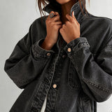 Chouyatou Women's Vintage Oversized Denim Jacket Embroidered Graphic Casual Loose Fit Button Down Jean Jacket