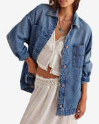 Chouyatou Women's Vintage Oversized Denim Jacket Embroidered Graphic Casual Loose Fit Button Down Jean Jacket