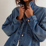 Chouyatou Women's Vintage Oversized Denim Jacket Embroidered Graphic Casual Loose Fit Button Down Jean Jacket