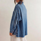 Chouyatou Women's Vintage Oversized Denim Jacket Embroidered Graphic Casual Loose Fit Button Down Jean Jacket