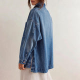 Chouyatou Women's Vintage Oversized Denim Jacket Embroidered Graphic Casual Loose Fit Button Down Jean Jacket