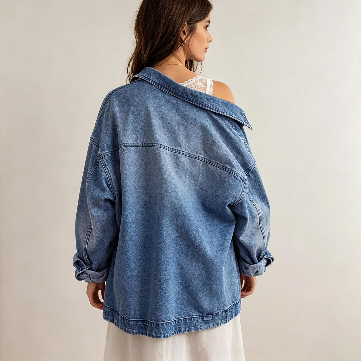 Chouyatou Women's Vintage Oversized Denim Jacket Embroidered Graphic Casual Loose Fit Button Down Jean Jacket