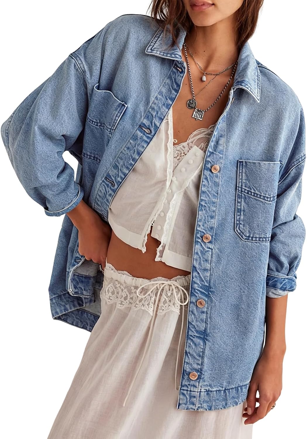 Chouyatou Women's Vintage Oversized Denim Jacket Embroidered Graphic Casual Loose Fit Button Down Jean Jacket