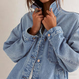 Chouyatou Women's Vintage Oversized Denim Jacket Embroidered Graphic Casual Loose Fit Button Down Jean Jacket