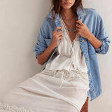 Chouyatou Women's Vintage Oversized Denim Jacket Embroidered Graphic Casual Loose Fit Button Down Jean Jacket