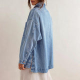 Chouyatou Women's Vintage Oversized Denim Jacket Embroidered Graphic Casual Loose Fit Button Down Jean Jacket