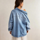 Chouyatou Women's Vintage Oversized Denim Jacket Embroidered Graphic Casual Loose Fit Button Down Jean Jacket