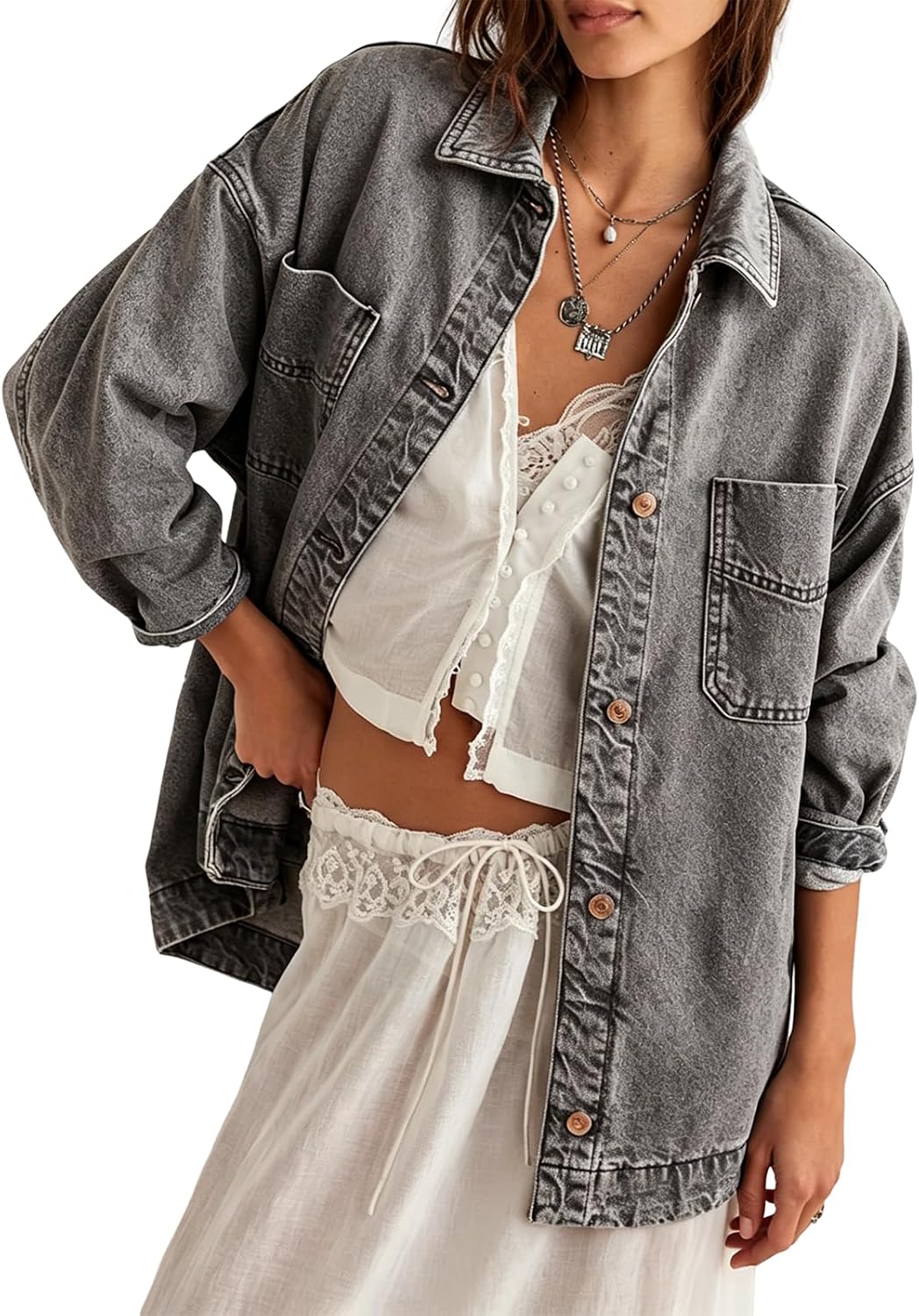 Chouyatou Women's Vintage Oversized Denim Jacket Embroidered Graphic Casual Loose Fit Button Down Jean Jacket