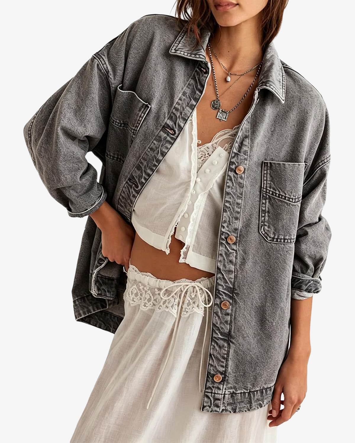 Chouyatou Women's Vintage Oversized Denim Jacket Embroidered Graphic Casual Loose Fit Button Down Jean Jacket