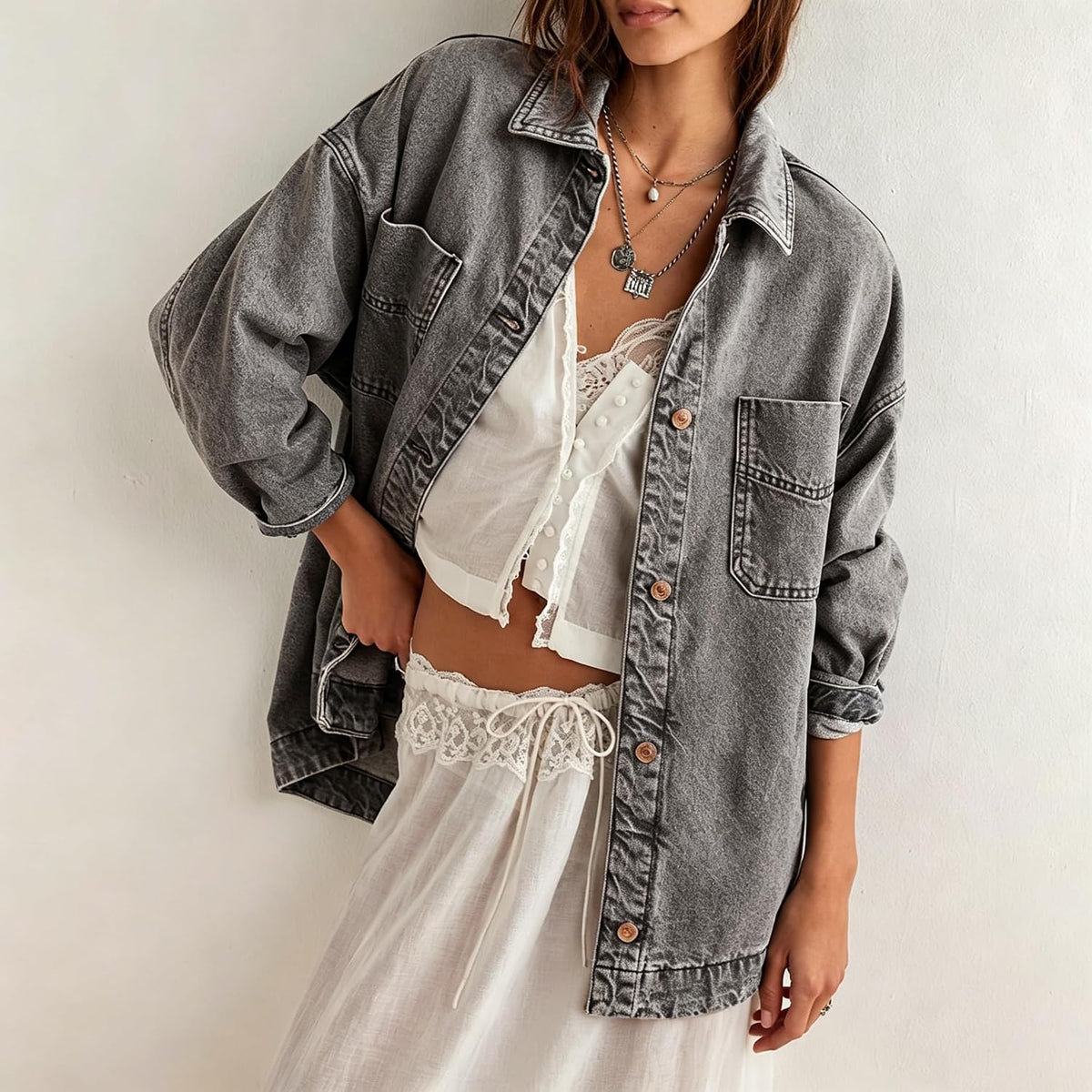Chouyatou Women's Vintage Oversized Denim Jacket Embroidered Graphic Casual Loose Fit Button Down Jean Jacket