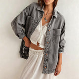 Chouyatou Women's Vintage Oversized Denim Jacket Embroidered Graphic Casual Loose Fit Button Down Jean Jacket