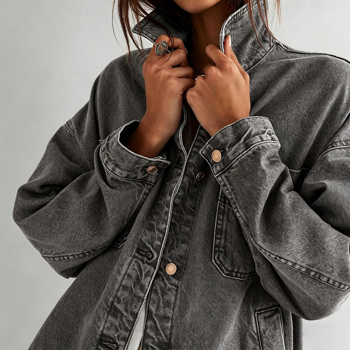 Chouyatou Women's Vintage Oversized Denim Jacket Embroidered Graphic Casual Loose Fit Button Down Jean Jacket
