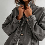 Chouyatou Women's Vintage Oversized Denim Jacket Embroidered Graphic Casual Loose Fit Button Down Jean Jacket
