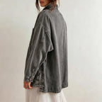 Chouyatou Women's Vintage Oversized Denim Jacket Embroidered Graphic Casual Loose Fit Button Down Jean Jacket
