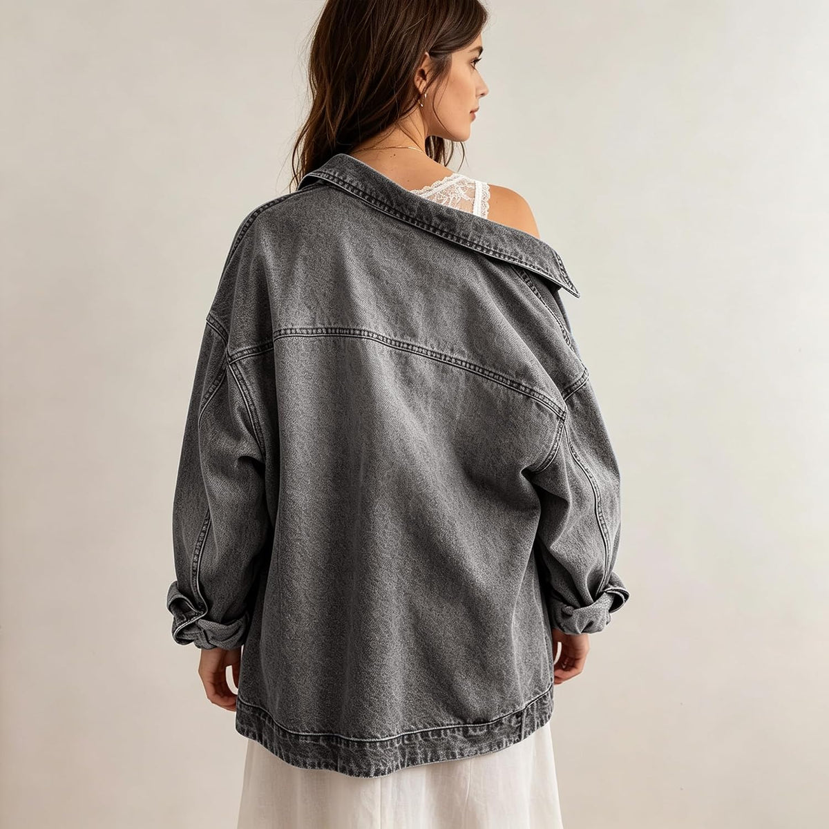 Chouyatou Women's Vintage Oversized Denim Jacket Embroidered Graphic Casual Loose Fit Button Down Jean Jacket
