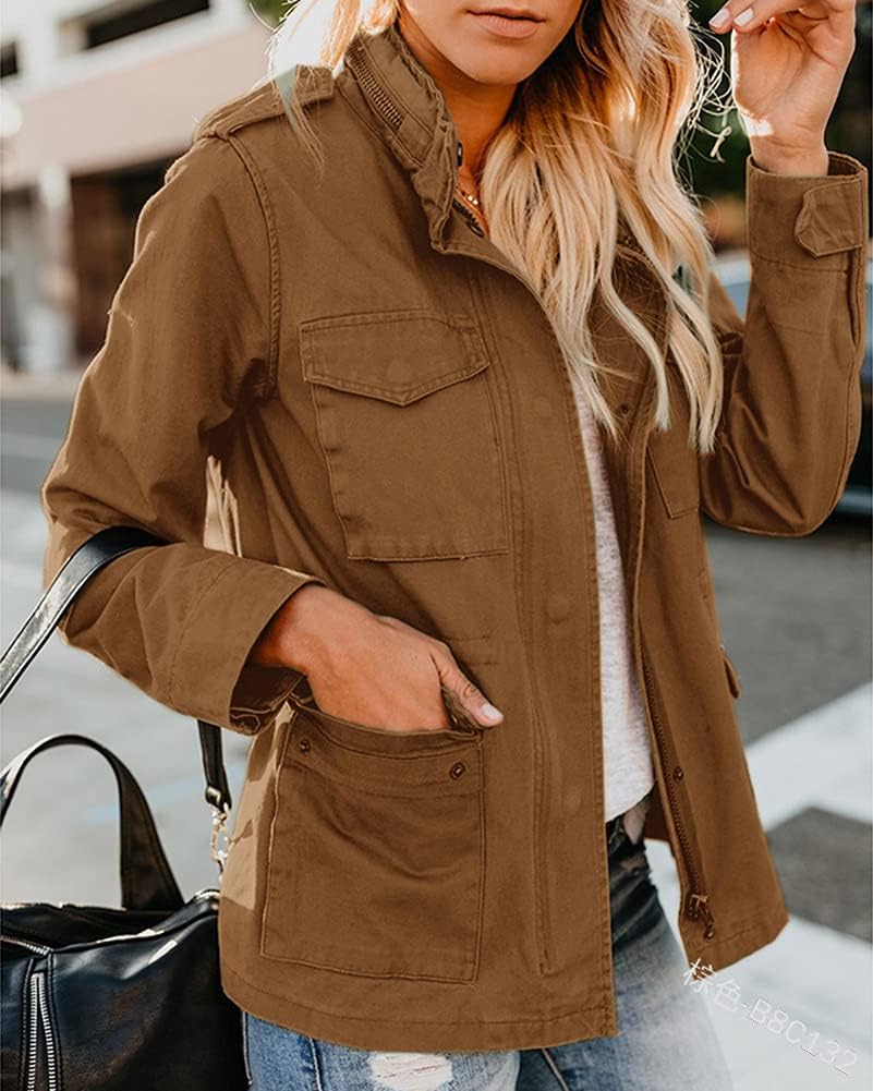 Chouyatou Women's Fall Stand Collar Zip Up Military Cotton Utility Safari Jacket