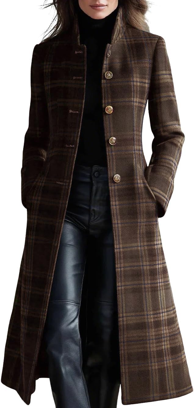 Chouyatou Women Long Wool Plaid Pea Coat Fall Winter Casual Single Breasted Midi Trench Overcoat Outwear