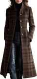 Chouyatou Women Long Wool Plaid Pea Coat Fall Winter Casual Single Breasted Midi Trench Overcoat Outwear
