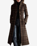 Chouyatou Women Long Wool Plaid Pea Coat Fall Winter Casual Single Breasted Midi Trench Overcoat Outwear