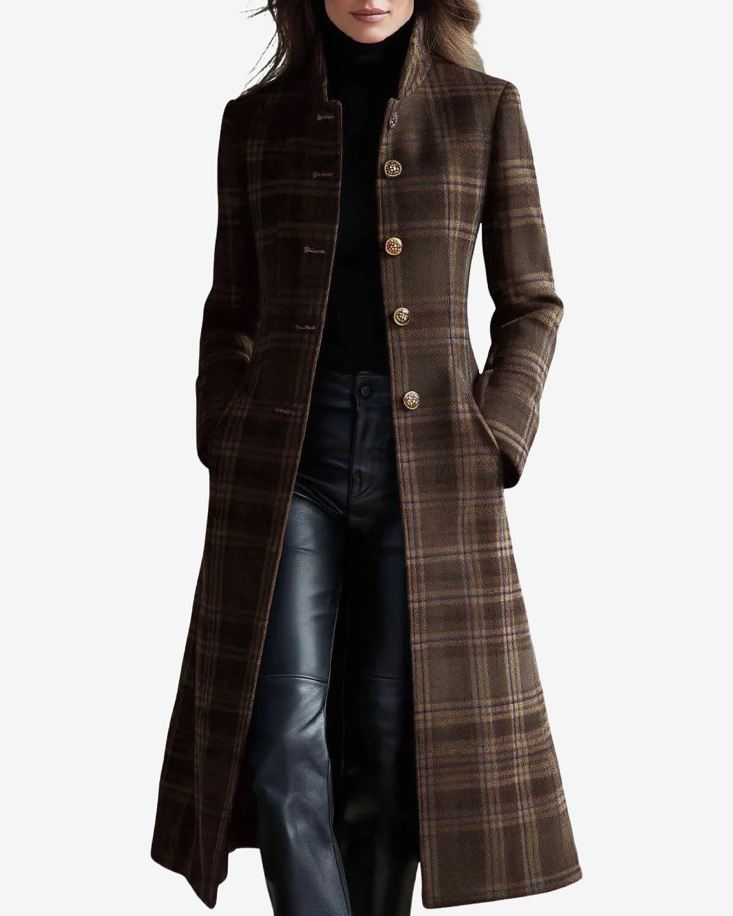 Chouyatou Women Long Wool Plaid Pea Coat Fall Winter Casual Single Breasted Midi Trench Overcoat Outwear