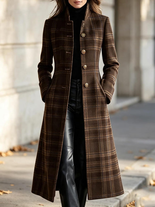 Chouyatou Women Long Wool Plaid Pea Coat Fall Winter Casual Single Breasted Midi Trench Overcoat Outwear