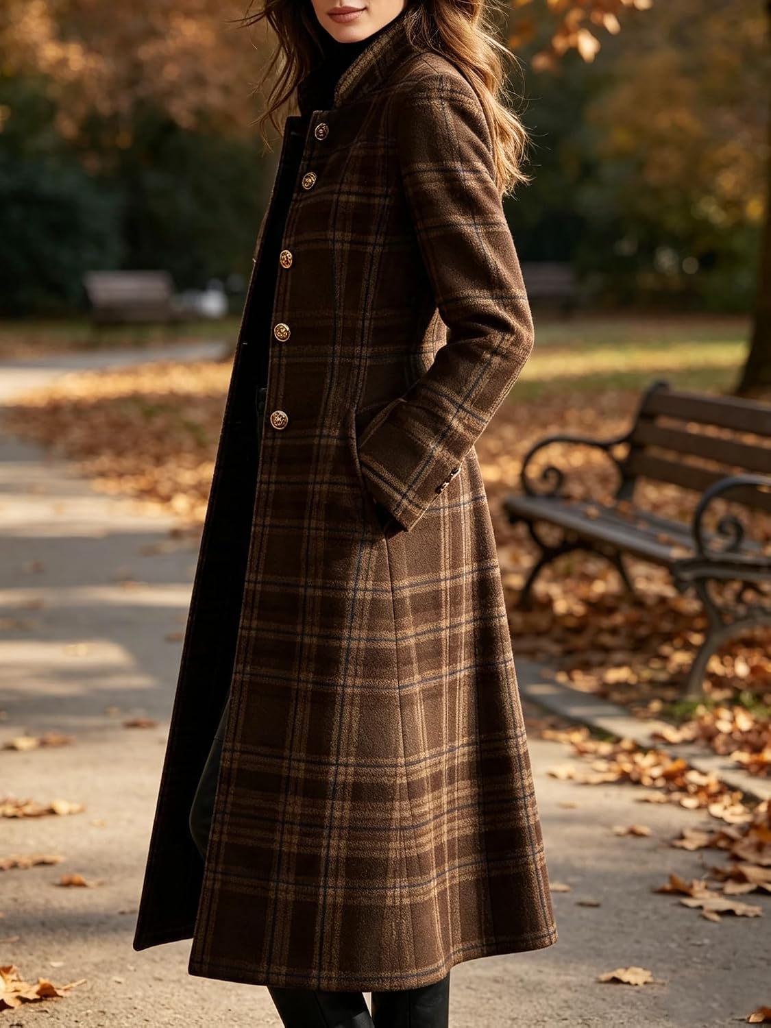Chouyatou Women Long Wool Plaid Pea Coat Fall Winter Casual Single Breasted Midi Trench Overcoat Outwear