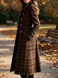 Chouyatou Women Long Wool Plaid Pea Coat Fall Winter Casual Single Breasted Midi Trench Overcoat Outwear