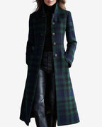 Chouyatou Women Long Wool Plaid Pea Coat Fall Winter Casual Single Breasted Midi Trench Overcoat Outwear