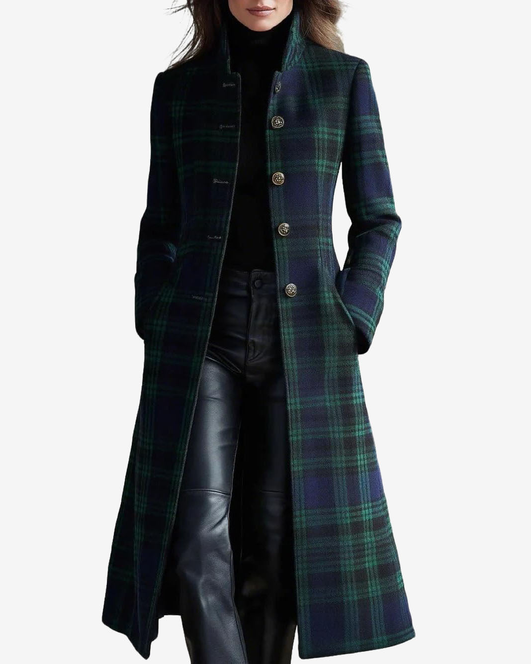 Chouyatou Women Long Wool Plaid Pea Coat Fall Winter Casual Single Breasted Midi Trench Overcoat Outwear