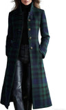 Chouyatou Women Long Wool Plaid Pea Coat Fall Winter Casual Single Breasted Midi Trench Overcoat Outwear