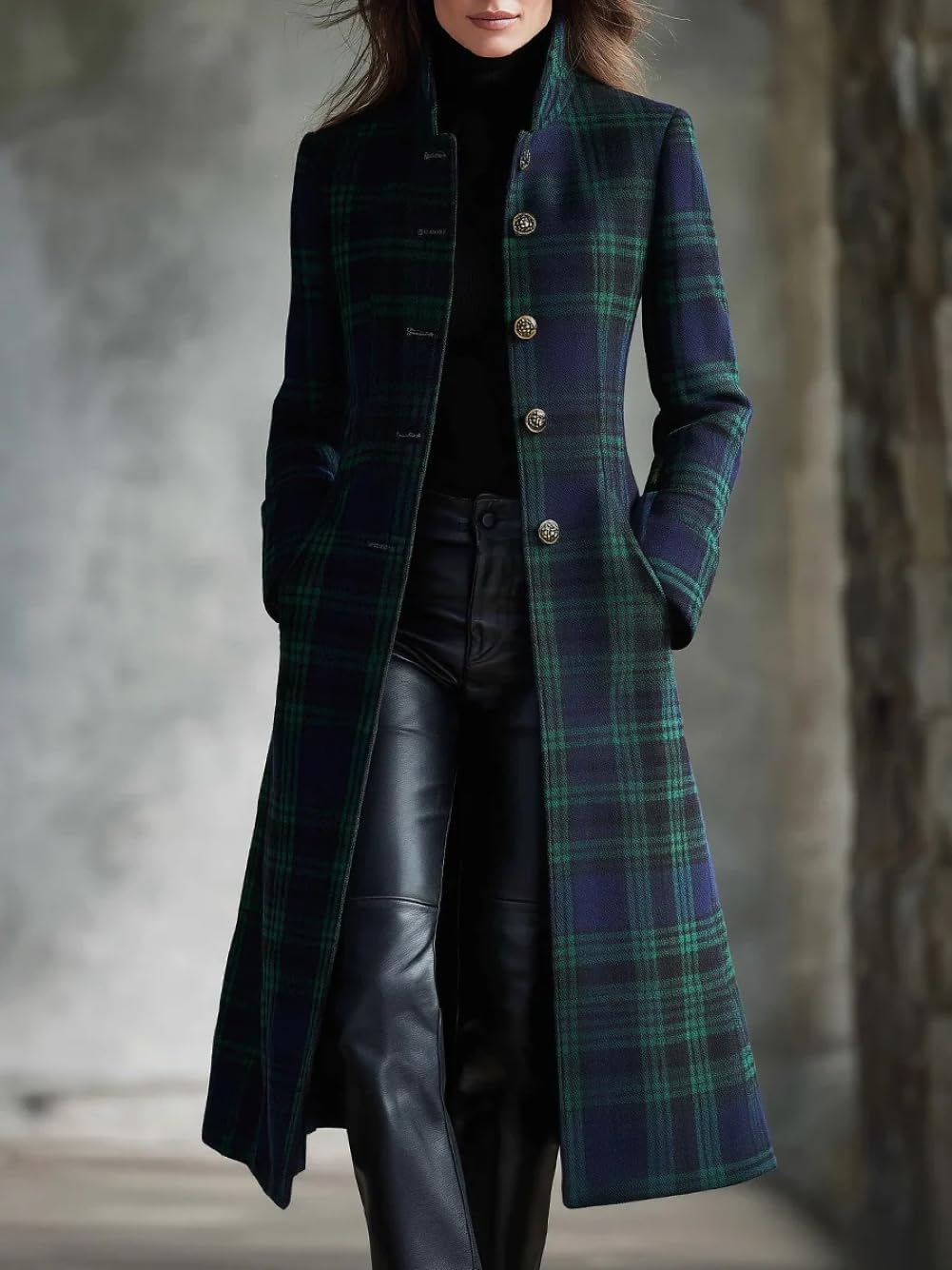 Chouyatou Women Long Wool Plaid Pea Coat Fall Winter Casual Single Breasted Midi Trench Overcoat Outwear