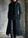 Chouyatou Women Long Wool Plaid Pea Coat Fall Winter Casual Single Breasted Midi Trench Overcoat Outwear