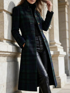 Chouyatou Women Long Wool Plaid Pea Coat Fall Winter Casual Single Breasted Midi Trench Overcoat Outwear
