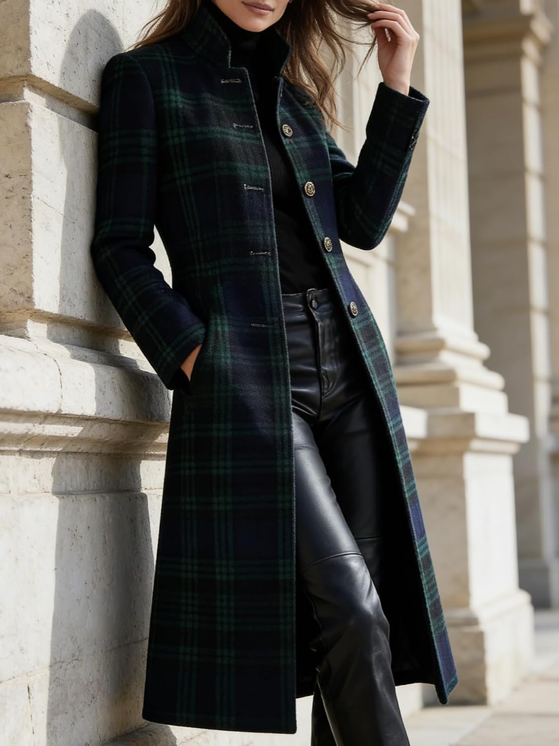 Chouyatou Women Long Wool Plaid Pea Coat Fall Winter Casual Single Breasted Midi Trench Overcoat Outwear