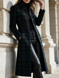 Chouyatou Women Long Wool Plaid Pea Coat Fall Winter Casual Single Breasted Midi Trench Overcoat Outwear