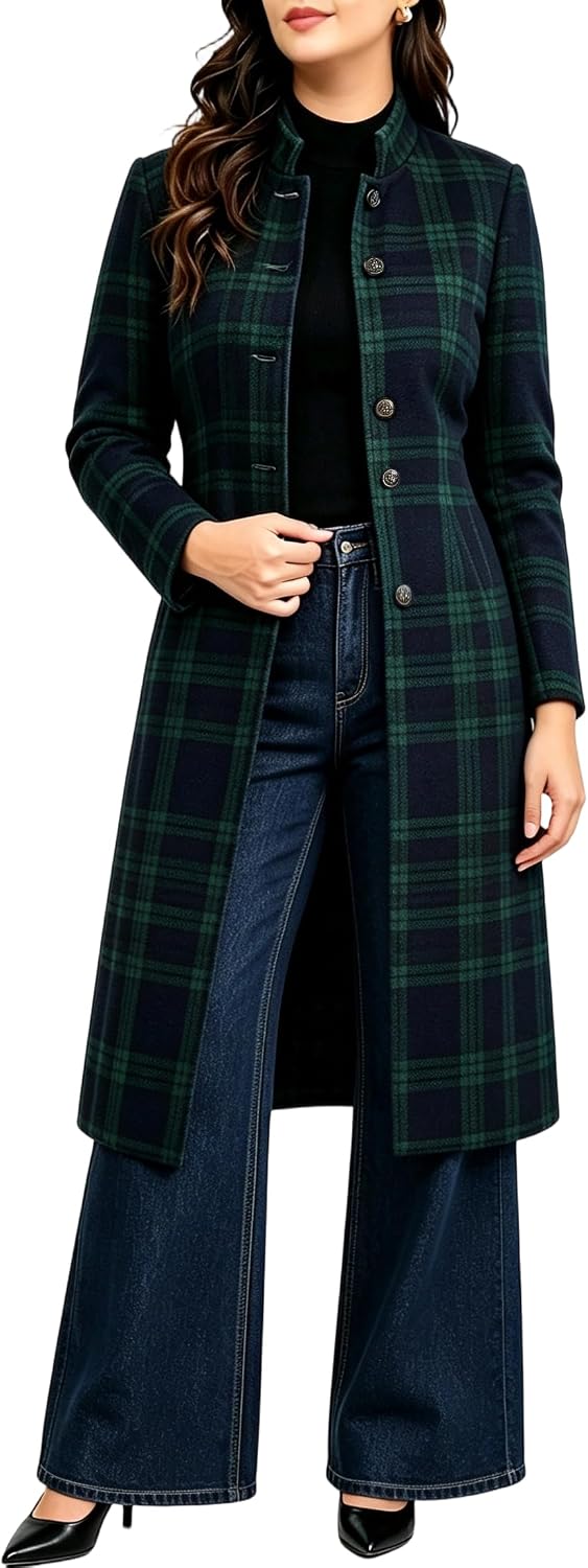 Chouyatou Women Long Wool Plaid Pea Coat Fall Winter Casual Single Breasted Midi Trench Overcoat Outwear