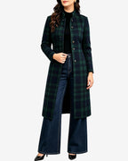 Chouyatou Women Long Wool Plaid Pea Coat Fall Winter Casual Single Breasted Midi Trench Overcoat Outwear