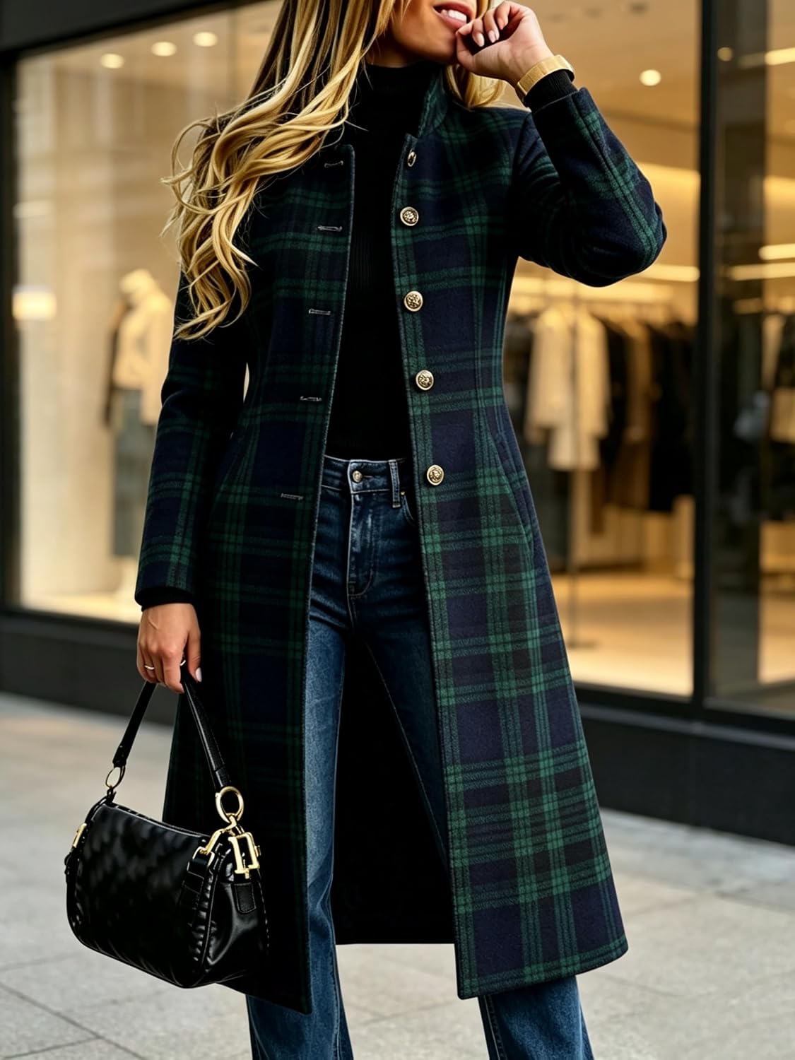 Chouyatou Women Long Wool Plaid Pea Coat Fall Winter Casual Single Breasted Midi Trench Overcoat Outwear