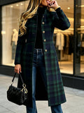 Chouyatou Women Long Wool Plaid Pea Coat Fall Winter Casual Single Breasted Midi Trench Overcoat Outwear