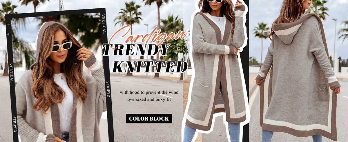 Chouyatou Women's Color Block Vertical Striped Open Front Oversized Hooded Long Cardigan Sweaters with Pockets