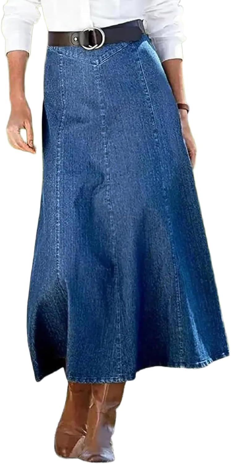 Chouyatou Women's Vintage Denim Maxi Skirt Casual High Waist Flowy Swing A-Line Long Jean Skirt