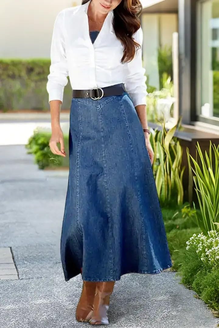 Chouyatou Women's Vintage Denim Maxi Skirt Casual High Waist Flowy Swing A-Line Long Jean Skirt