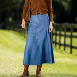 Chouyatou Women's Vintage Denim Maxi Skirt Casual High Waist Flowy Swing A-Line Long Jean Skirt