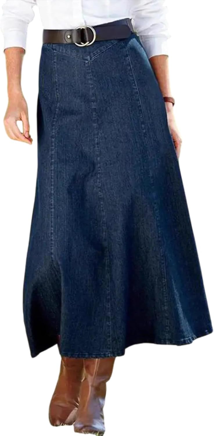 Chouyatou Women's Vintage Denim Maxi Skirt Casual High Waist Flowy Swing A-Line Long Jean Skirt