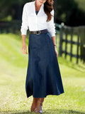 Chouyatou Women's Vintage Denim Maxi Skirt Casual High Waist Flowy Swing A-Line Long Jean Skirt