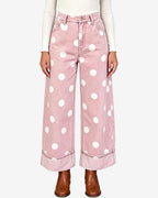 Chouyatou Women High Rise Wide Leg Jeans Baggy Crop Cuffed Hem Denim Polka Dot Pants