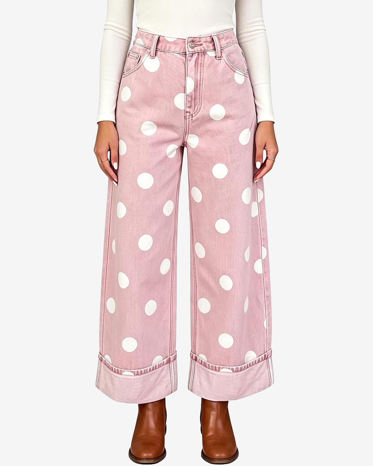 Chouyatou Women High Rise Wide Leg Jeans Baggy Crop Cuffed Hem Denim Polka Dot Pants