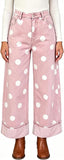 Chouyatou Women High Rise Wide Leg Jeans Baggy Crop Cuffed Hem Denim Polka Dot Pants